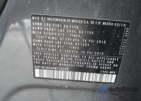 2019 Volkswagen Tiguan S z USA, uszkodzony, nr VIN 3VV1B7AX3KM114739